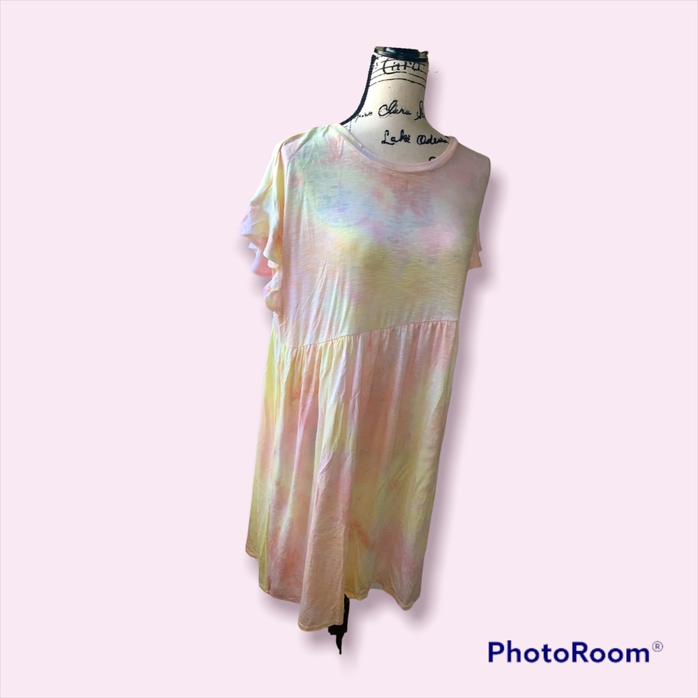 Scoop NWT tie dye flutter sleeve tee shirt dress midi Yellow peach and pinks . L